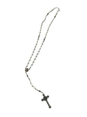 Vintage White Glass Bead Rosary Catholic Necklace Silver Tone Crucifix Religious
